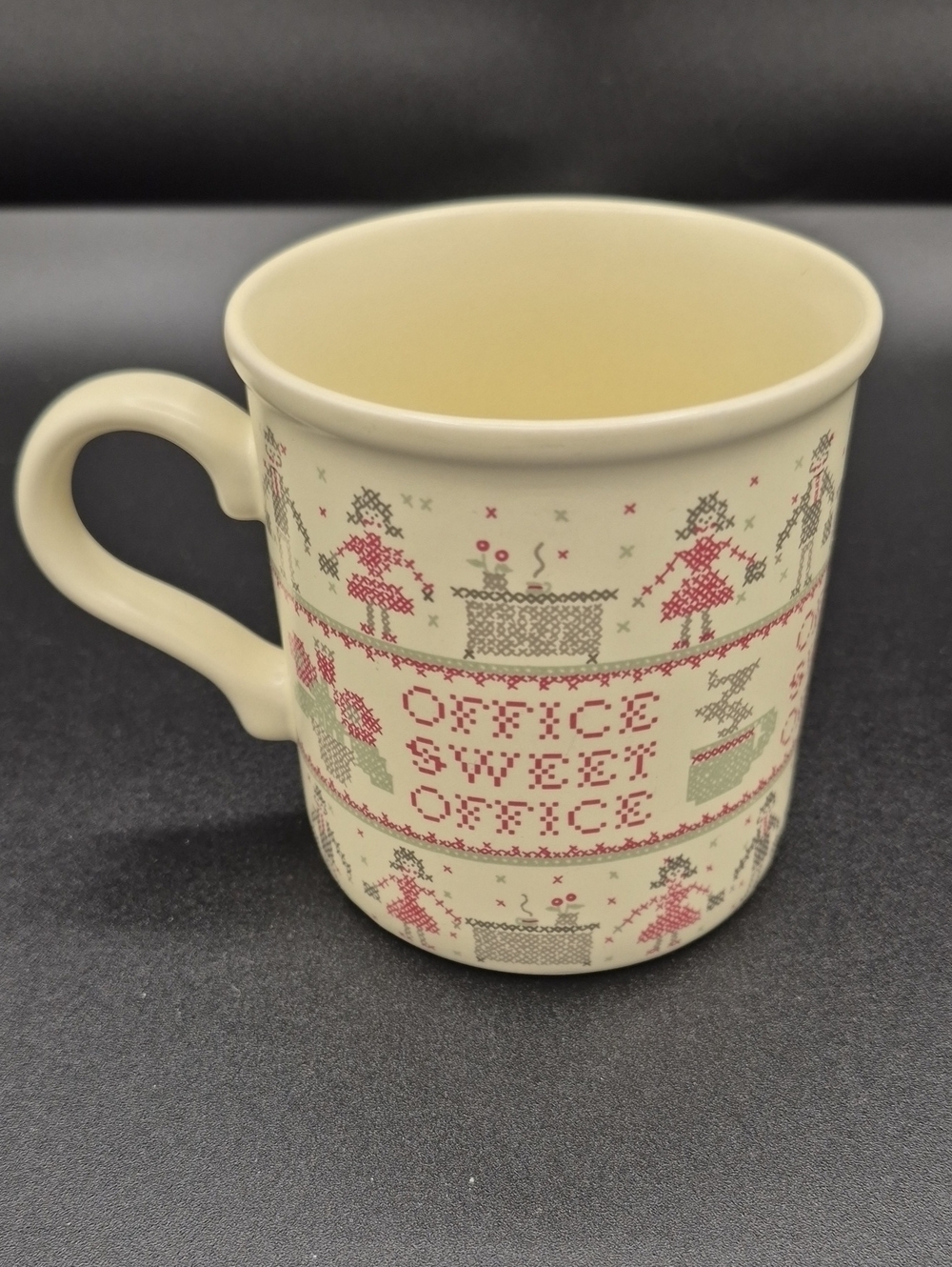 VTG 1985 American Greetings Cream Ceramic Mug with Pink and Gray Pattern